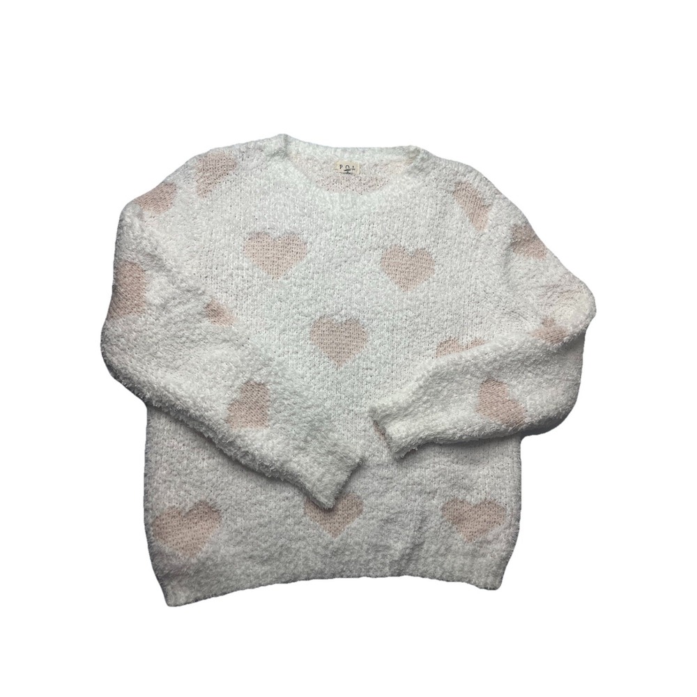 POL Sweater White With Pink Hearts Sweatshirt Size Medium Soft!